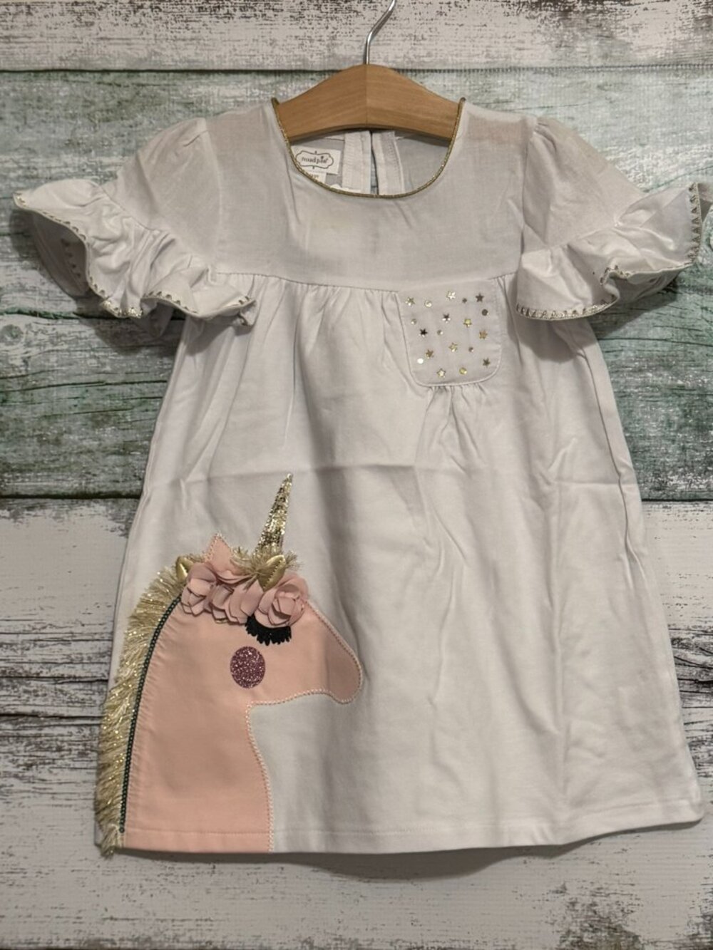 Mud Pie Dream in Glitter White Unicorn Applique Dress 24M/2T